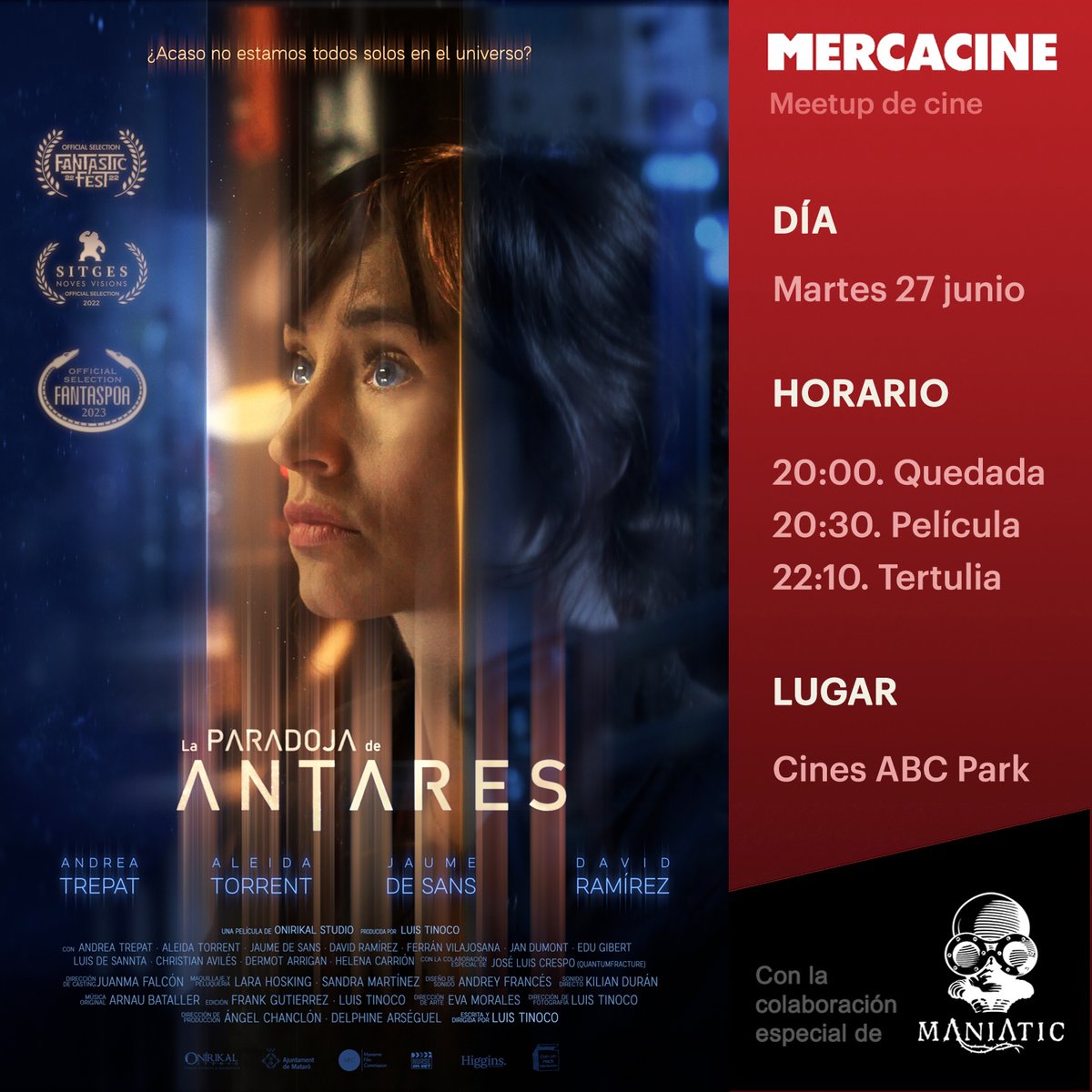 CLUB DE CINE 📽️ Amigos y amigas de Valencia, con la colaboración del <a href="/ManiaticFest/">ManiaticFilmFestival</a> os esperamos el martes 27 de junio en los Cines ABC Park para ver y comentar juntos el estreno de la interesante película de ciencia-ficción #LaParadojaDeAntares.

Entradas:
reservaentradas.com/entrada/valenc…