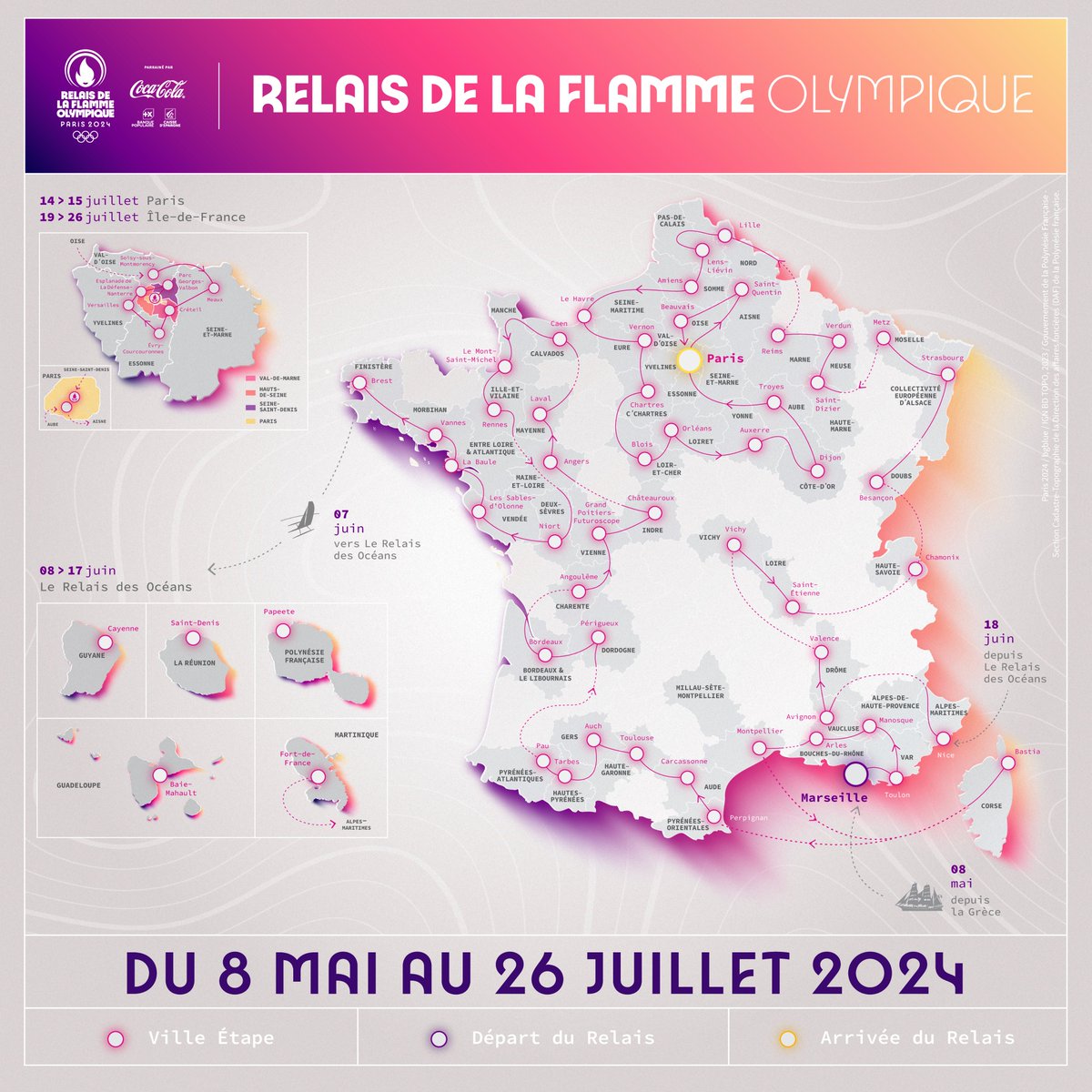 Sur la Route de #Paris2024​

Le Relais de la Flamme Olympique fera briller nos territoires ! ​

Voici le parcours de 68 jours de fête et de célébrations en France.​

Pour plus de détails sur les villes traversées, on passe le relais aux départements 👇