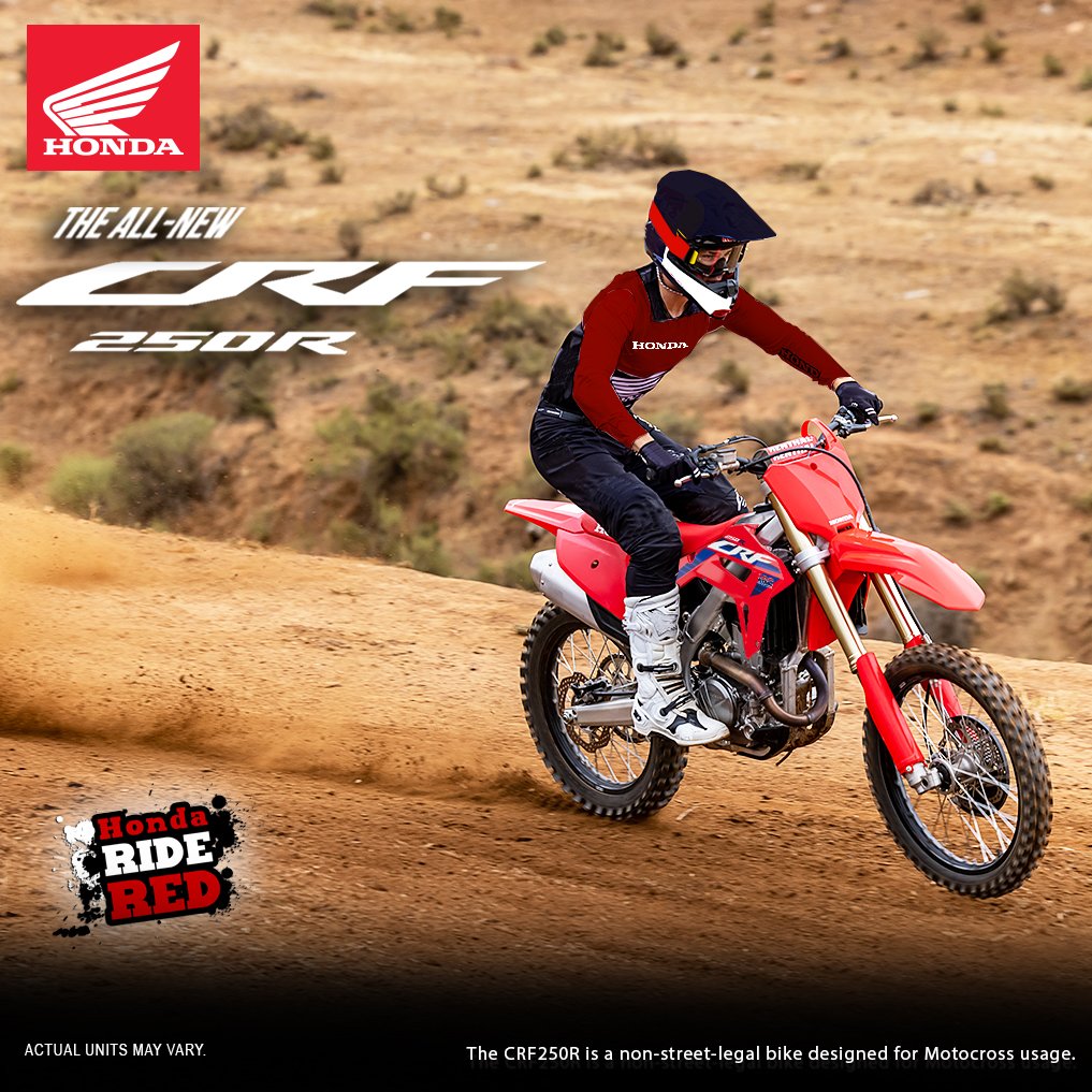 Hondaph_mc's tweet photo. Are you a thrill-seeker?

Take your off-road game with freedom, excitement, and
experience the adrenaline rush as you navigate those
trails with The All-New CRF250R.

Ride yours now!

Actual unit may vary.

#CRF250R
#Funbikes
#HondaRideRed
#HondaPH
#OneDream https://t.co/WDxzNzUJIB