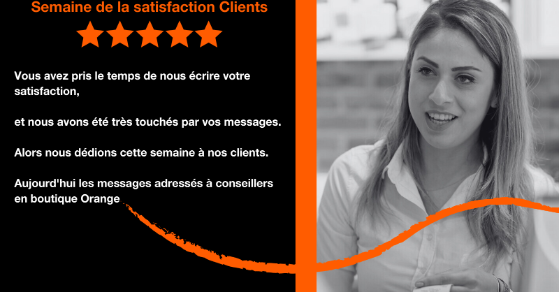OrangeOccitanie's tweet photo. Semaine de la #SatisfactionClient
⭐ ⭐ ⭐ ⭐ ⭐

Vous avez pris le temps de nous écrire votre satisfaction,
et nous avons été très touchés par vos messages. 🤩 

Nous dédions cette semaine à vos verbatims adressés à vos conseillers en boutique Orange 🧡
