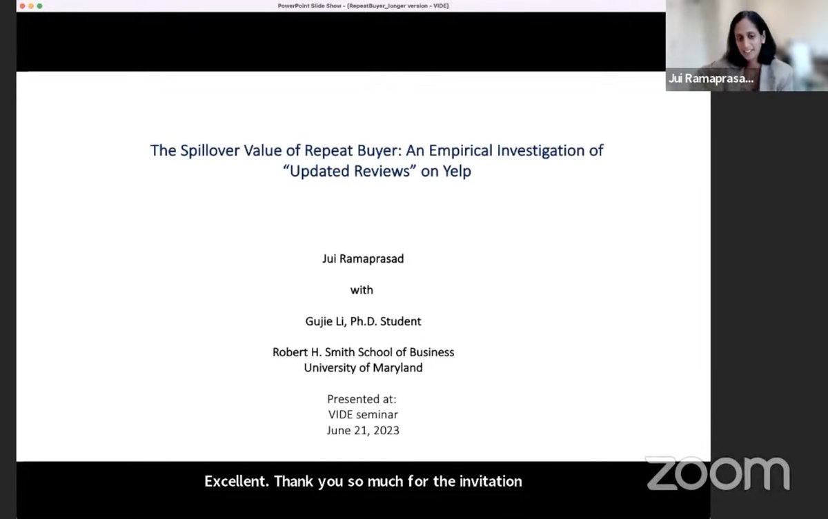 DigitalEcon.org (@digitaleconorg) on Twitter photo Now online!
Watch #VIDEseminar with <a href="/JuiRamaprasad/">Jui Ramaprasad</a> <a href="/SmithSchool/">University of Maryland Smith School of Business</a> on “The Spillover Value of Repeat Buyers: An Empirical Investigation of “Updated Reviews” on Yelp” here: youtu.be/627tFBwHGUc Now online!
Watch #VIDEseminar with <a href="/JuiRamaprasad/">Jui Ramaprasad</a> <a href="/SmithSchool/">University of Maryland Smith School of Business</a> on “The Spillover Value of Repeat Buyers: An Empirical Investigation of “Updated Reviews” on Yelp” here: youtu.be/627tFBwHGUc