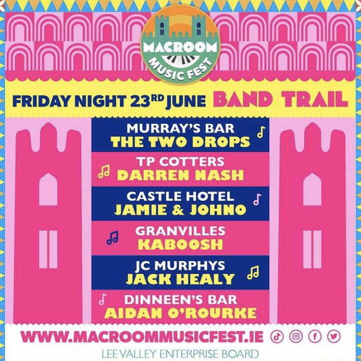 Macroom Music Fest starts today!

Check out the schedule below for todays Music Trail and go to our website for more updates 💚