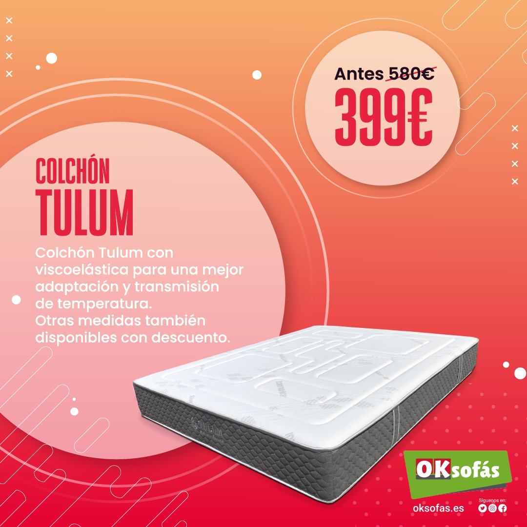 OKSofas_es's tweet image. Colchón modelo Tulum, con viscoelástica para una mejor adaptación y transmisión de temperatura.
  
 💥 Antes: 580€ y ahora: 399€
 
 Promoción sujeta a disponibilidad y solo en esta campaña. Descuentos no acumulables a otras ofertas.
 
 #EstoyOK #OkSofás #OkOfertas #ofertas