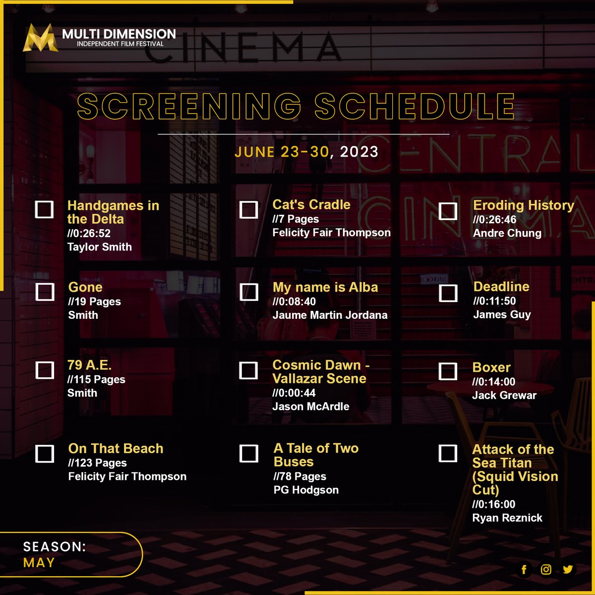 MDIFF21's tweet photo. MDIFF SCREENING SCHEDULE
Check out some of the fantastic projects on our website from June 23 - June 30, 2023.
It all depends on the perspective you view from - Think Multidimensional
#SUPPORTINDIEFILM
#mdiff #screeningschedule #films #scripts #screenplays https://t.co/2unAnzcLr7