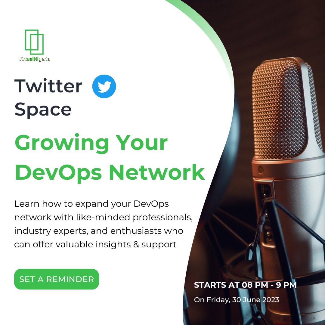 Are you a DevOps professional or an aspiring one? Get ready to expand your DevOps network! 
Join us for an inspiring Twitter space session next  Friday, June 30th at  8pm WAT.  
twitter.com/vnigeria_/stat….  #DevOpsNetwork #GrowYourNetwork #DevOpsPros #DevOpsTips #DevOpsTwitterSpace