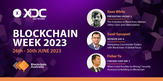 Exciting sessions await at Blockchain Week 2023!

Hear from XDC Network's @SeanoftheWoke and @SunilSenapatiGo, along with panelists Fisher Yu and @peterxing from @transhumanismAU. Expand your network & gain industry knowledge.

Check out for more details: x.com/xinfin_officia…