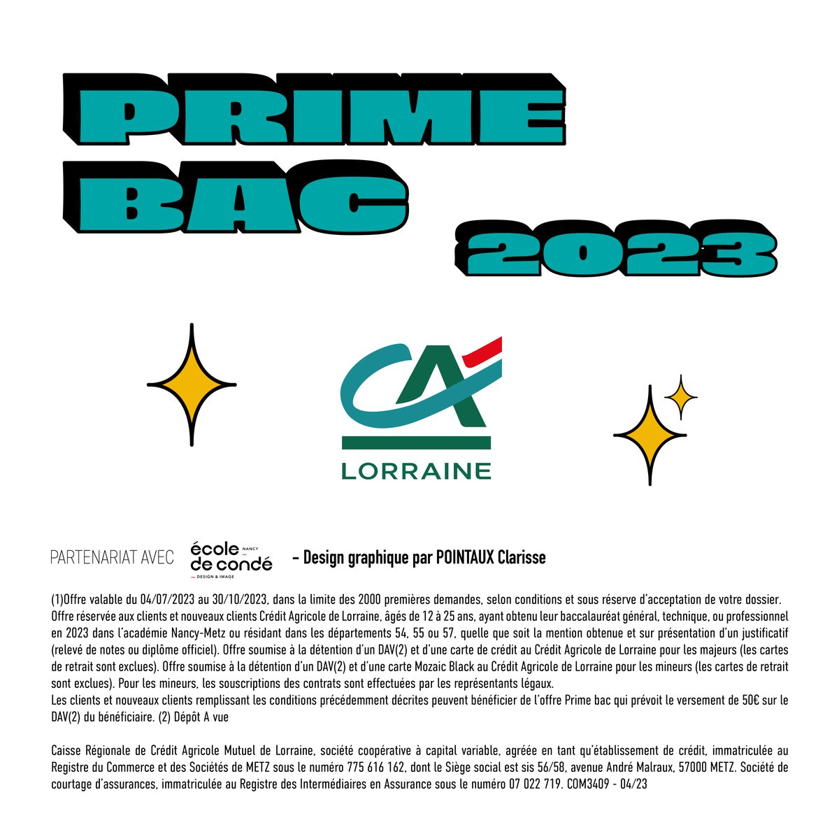 C_A_Lorraine's tweet photo. [#jeunes] Félicitations à Clarisse Pointaux pour avoir remporté le concours de design graphique de la Prime Bac @C_A_Lorraine ! Bravo à tous les étudiants qui ont participé à ce partenariat avec l'école de Condé de Nancy. 🎉🎊

#PrimeBac #DesignGraphique #CreditAgricoleLorraine https://t.co/MbvrpulfWp