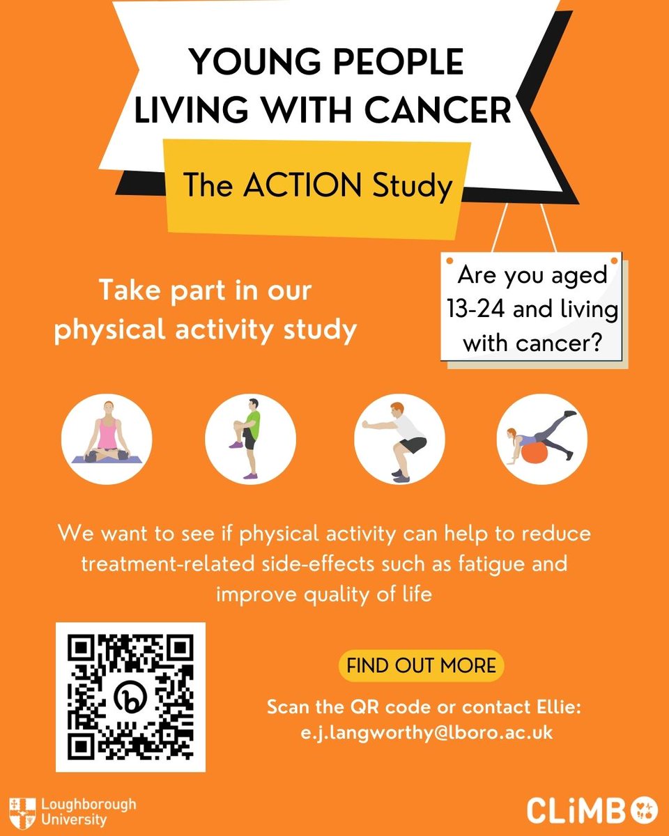 Researchers at Loughborough University are recruiting young people 13-24 yrs with cancer for our ACTION physical activity study to see if being active can help to reduce fatigue and improve quality of life. Follow the link to find out more: bit.ly/3AXmhq4
