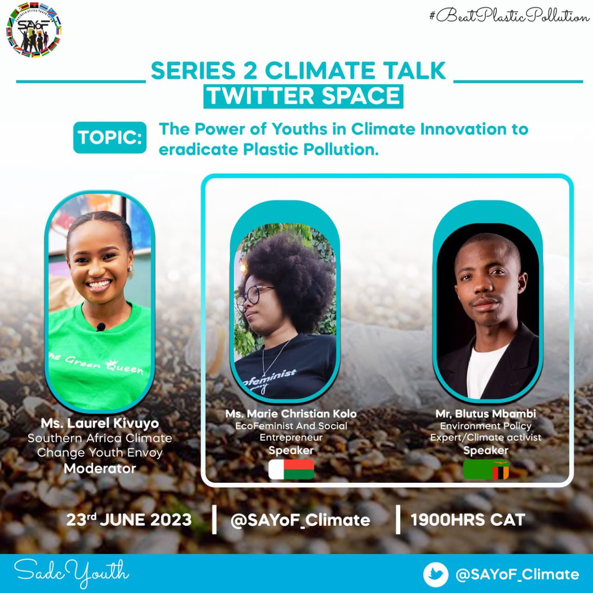 Set your reminder to JOIN us today! The @SAYoF_Climate is making waves!!!! 

With our amazing #SADCyouth , @KoloMarie 🇲🇬 , @Blutusmbambi1 🇿🇲 , & Laurel K 🇹🇿📣

twitter.com/i/spaces/1nAJE…