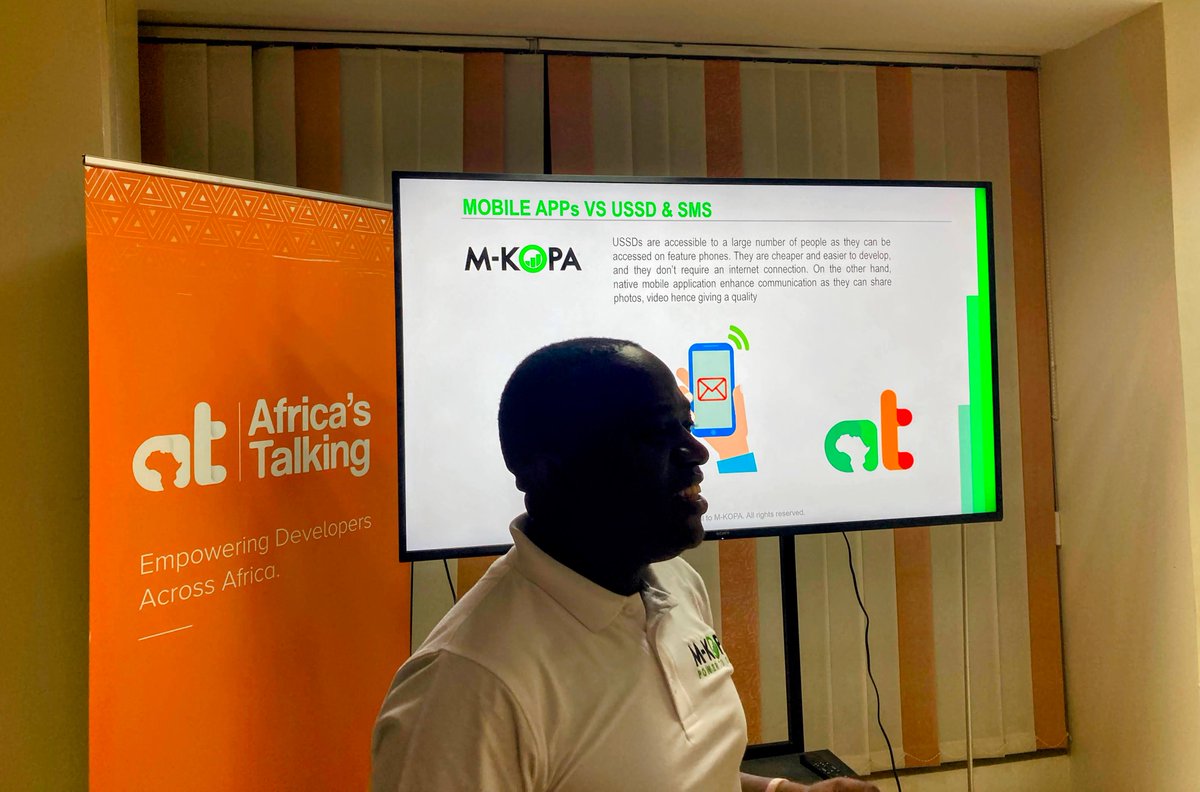 oquidave's tweet image. Many thanks to George from M-Kopa for delivering yesterday's knowleldge-rich presention about how they use USSD and SMS in their product offering to our @Africastalking community. It was very insightful. #WeLoveNerds #ATDevsUG
