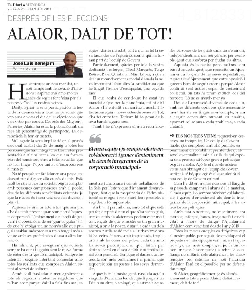 Us deixem amb la tribuna de l’Alcalde @jlbenejam que s’ha publicat a Es Diari Menorca. 📰🗞️