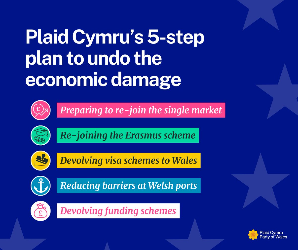 Plaid_Cymru's tweet photo. Seven years on and the economic impact of #Brexit is clear. 

Plaid Cymru believes we must prepare to re-join the Single Market and Customs Union to begin to undo the damage caused by Westminster’s botched #Brexit on our communities. 

🏴󠁧󠁢󠁷󠁬󠁳󠁿 https://t.co/zazpETPVpV