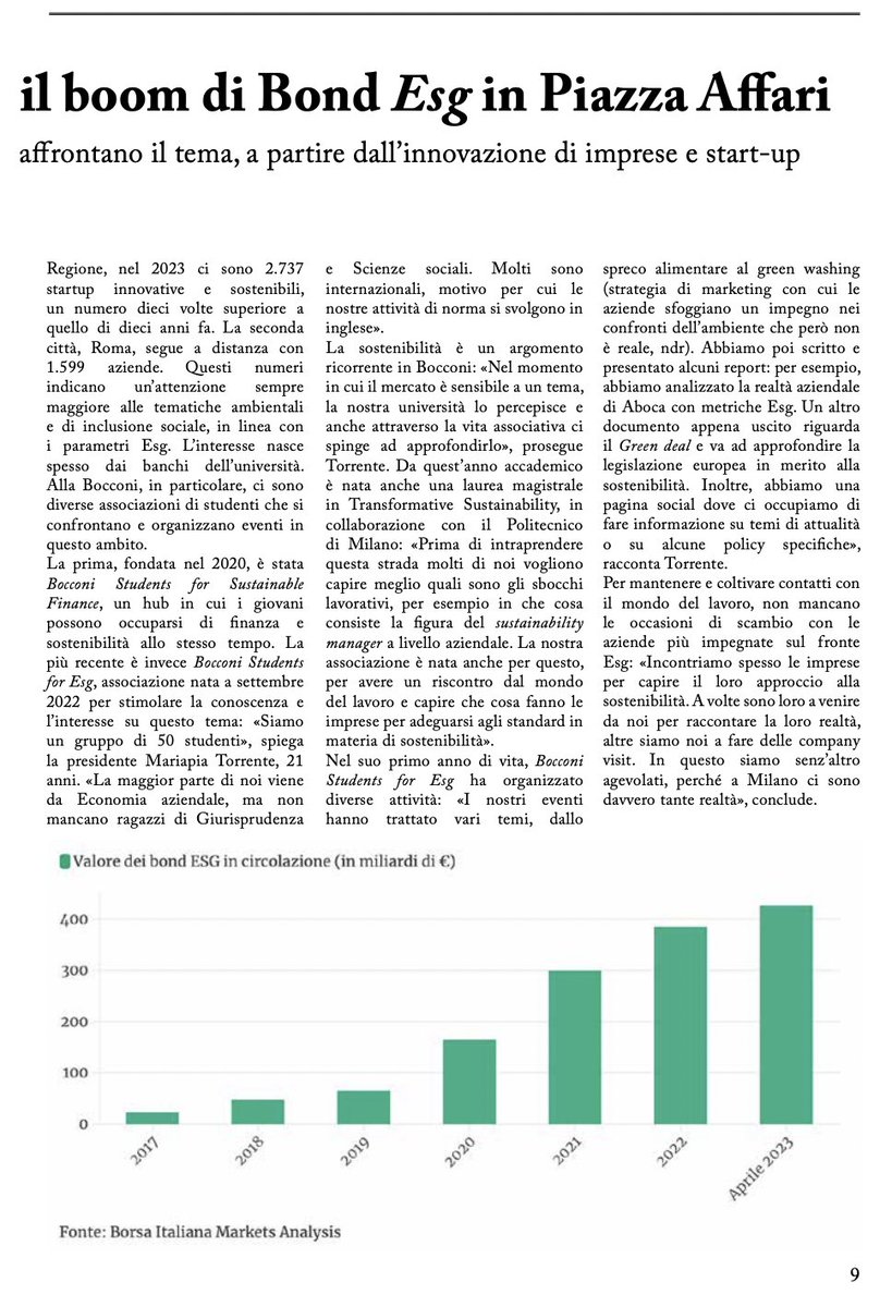 🌳 #MM di giugno è speciale! 
Per il numero a tema "#economia e #sostenibilità" mi sono occupato insieme a <a href="/BichicchiSara/">Sara Bichicchi</a> di #finanza #ESG. Tanto Piazza Affari quanto le università sono sempre più attente a queste tematiche.
L'edizione integrale è qui: lasestina.unimi.it/inserti-e-mult…