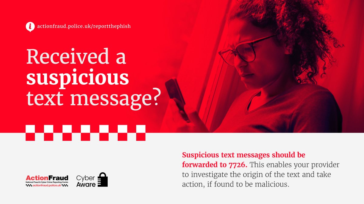 🚨 Did you know you can report suspicious text messages for free? Just forward them to 7726.

Your network provider can investigate the origin of the text and take action if it's found to be malicious.

#ReportThePhish