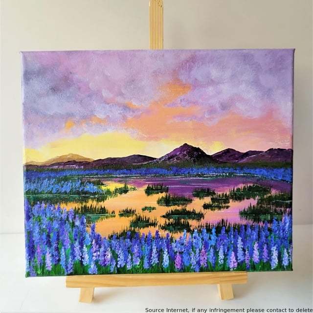 The brilliant sunset shines upon a stretch of colorful acrylic canvas. The painting measures 10 x 12 inches and would make a beautiful addition to any home or office.