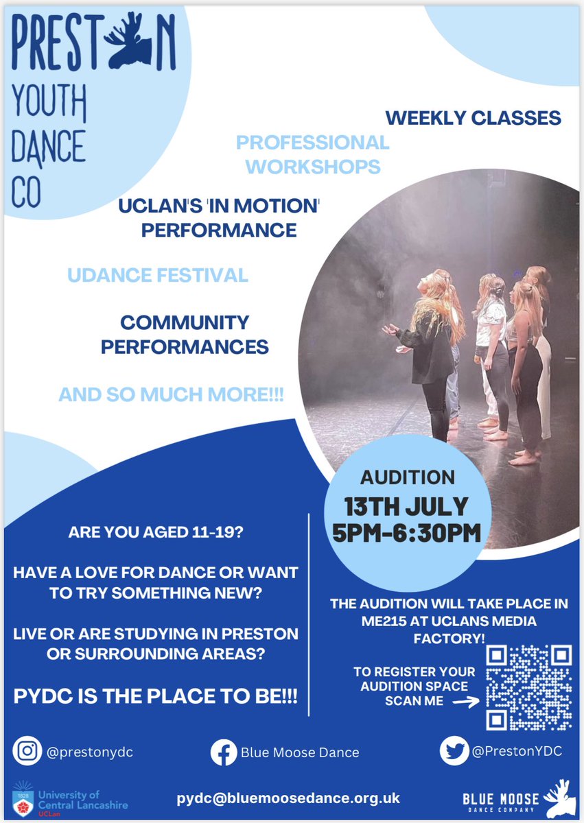 UCLan Dance (@danceuclan) on Twitter photo Did you know that our in residence company <a href="/BlueMooseDance/">Blue Moose Dance</a> are recruiting for their youth company <a href="/PrestonYDC/">Preston Youth Dance</a> !!!
Check out the flyer below for more information and if you’re interested in auditioning register your place by clicking on this link: bluemoosedance.org.uk/projects/pydc/ Did you know that our in residence company <a href="/BlueMooseDance/">Blue Moose Dance</a> are recruiting for their youth company <a href="/PrestonYDC/">Preston Youth Dance</a> !!!
Check out the flyer below for more information and if you’re interested in auditioning register your place by clicking on this link: bluemoosedance.org.uk/projects/pydc/