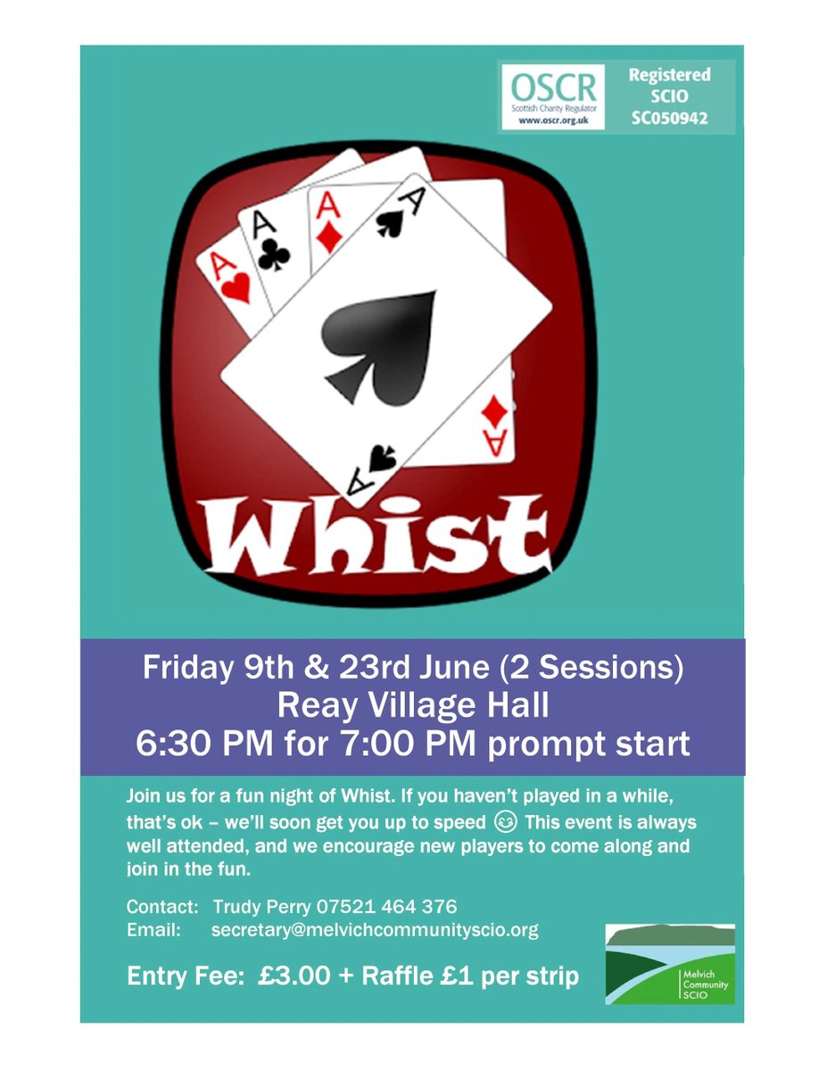 Melvich_SCIO's tweet photo. Reminder: Whist this evening in Reay Village Hall https://t.co/tqKbdis5fK