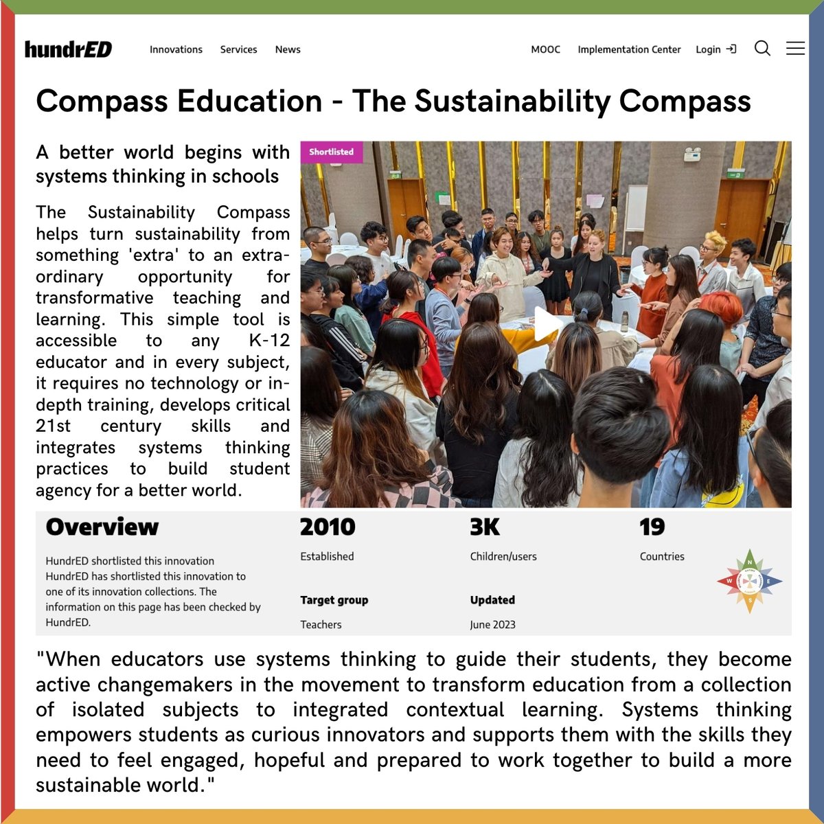 Compass Education (@compass_ed) on Twitter photo We are proud to share that <a href="/Compass_Ed/">Compass Education</a> is shortlisted by <a href="/HundrEDorg/">HundrED.org</a> for their top 100 Global Collection of 2024 along with other inspiring innovations.
Check out our initiative, try our FREE course & check out our free resources on the Compass!
hundred.org/en/innovations… We are proud to share that <a href="/Compass_Ed/">Compass Education</a> is shortlisted by <a href="/HundrEDorg/">HundrED.org</a> for their top 100 Global Collection of 2024 along with other inspiring innovations.
Check out our initiative, try our FREE course & check out our free resources on the Compass!
hundred.org/en/innovations…