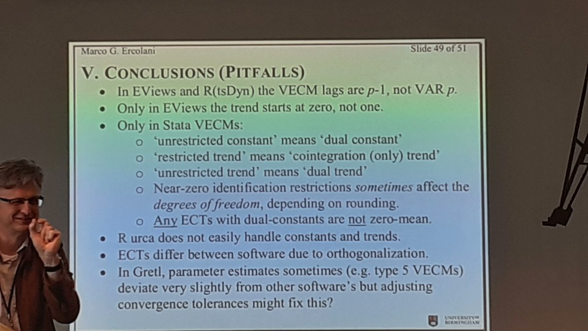 gretl_stats's tweet photo. Exciting research from Marco G. Ercolani at University of Birmingham comparing VECM #cointegration estimates across software packages.
A fascinating study that sheds light on the challenges of #timeseries modeling in #econometric research.
#economics #econtwitter #gretl #gc2023 https://t.co/zURi5mjrtE