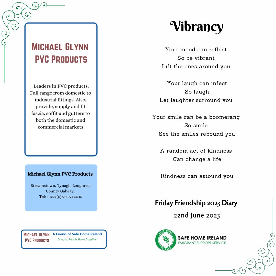 Safehomeireland's tweet photo. Happy #FridayFriendship 💚
It’s Friday so smile and be kind. Two gifts we all have that can change the lives of the people who surround us.
Our sincere gratitude to Michael Glynn PVC Products for sponsoring our Friday Friendship this week
#safehomeconnects
#kindness https://t.co/MI7H8ULgL3