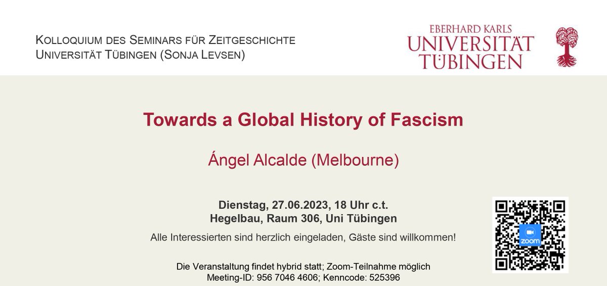 We are very much looking forward to welcoming @Angel_Alcalde_ and to discussing the heuristic potential of a Global History of Fascism! The event takes place in hybrid from, guests are warmly welcome (zoom link below!) #twitterstorians