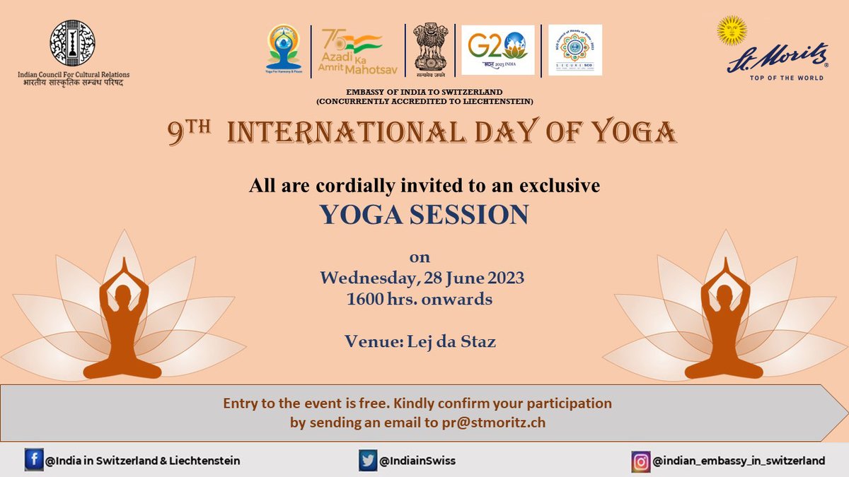 EINLADUNG ZUM WELTYOGATAG MIT DER INDISCHEN BOTSCHAFT
Die Gemeinde St. Moritz lädt gemeinsam mit der Botschaft Indiens in der Schweiz zum Yoga am Lej da Staz ein.
<a href="/IndiainSwiss/">India in Switzerland & Liechtenstein</a>