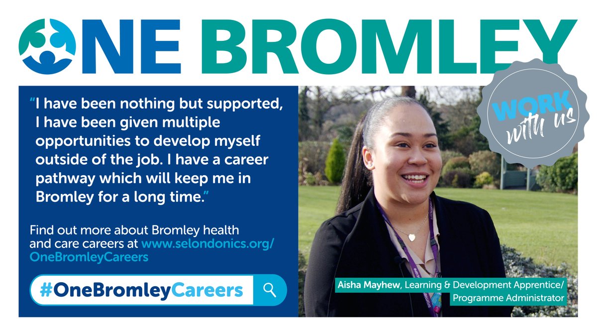 #Apprenticeships are just one way to start your #career in #Bromley #health and #care services.  Read what Aisha says and find out more on our website selondonics.org/OneBromleyCare…  #OneBromleyCareers  <a href="/Apprenticeships/">Apprenticeships</a> <a href="/BromleyEBP/">Bromley EBP</a> <a href="/bromleyhcare/">Bromley Healthcare</a> <a href="/KingsCollegeNHS/">King's College NHS</a> <a href="/JobsatKings/">Jobs at King's</a>