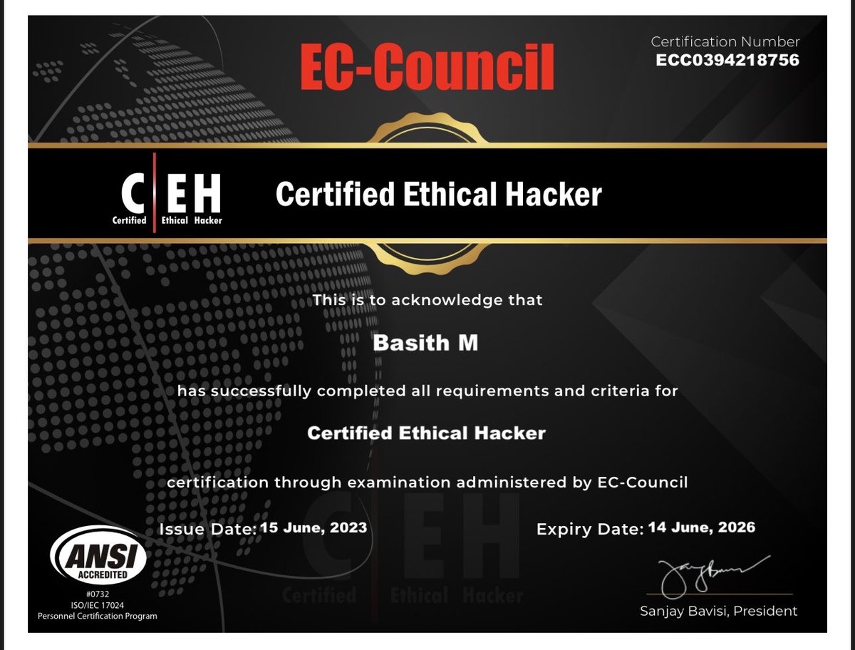 Gladiator from Hackers University, APC Learning Solutions  Congratulations Basith M 🎊🎊💐💐💐, you have successfully completed the CEHv12 Certified Ethical Hacker #cehv12 ceh #cehv12 #cehtraining #cybersecurity #cehonlinetraining #SAP #sapsf #sapfico #sapmm #SAPSD  #Azure