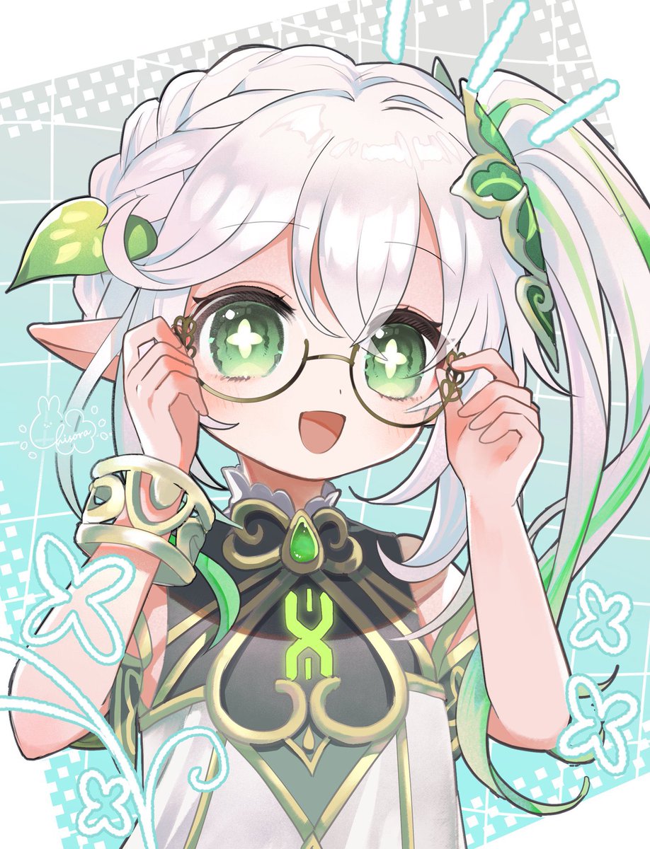 nahida (genshin impact) 1girl side ponytail solo green eyes white hair glasses pointy ears  illustration images