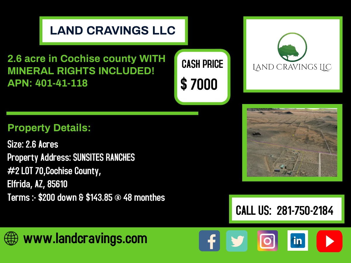 2.6 acre in Cochise county WITH MINERAL RIGHTS INCLUDED!
APN: 401-41-118
visit our website : landcravings.com/properties/coc…
#realestateinvesting #LandForSale #arizonaland #Elfrida #land #propertyinvestment #investing #landcravings