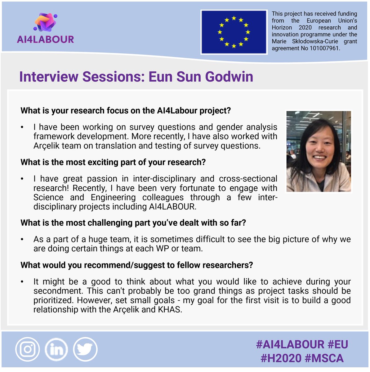 Please tune in to our #AI4Labour researchers for their interview sessions. Let’s see what DR Eun Sun Godwin is telling us about the project 👇

#H2020 #EU #MSCA