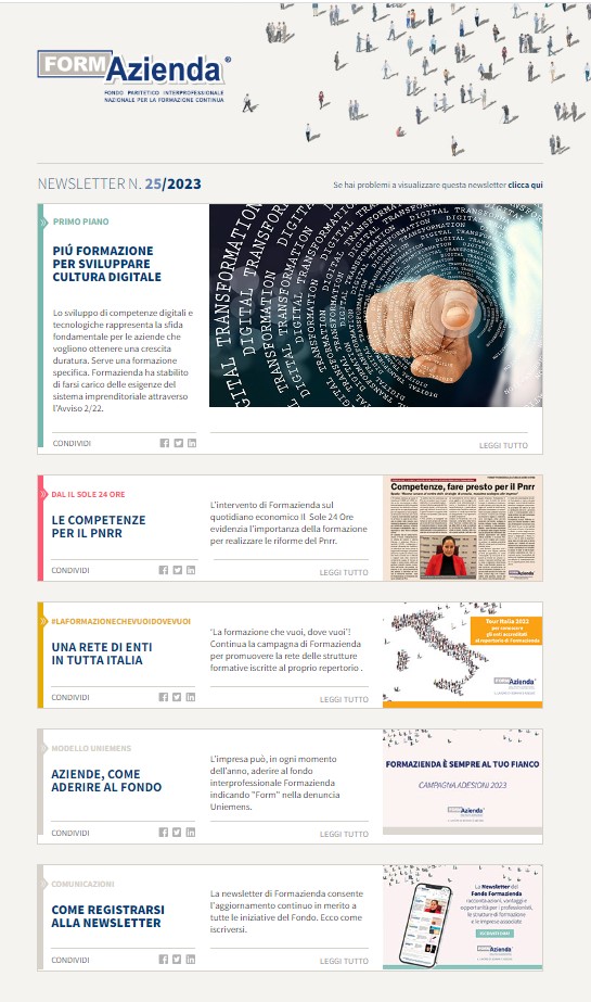 Ecco il numero di #Giugno2023 della #Newsletter di 
 <a href="/form_azienda/">Formazienda</a> . Si parla di #sviluppo delle #competenzedigitali per le #aziende che vogliono crescere e per i #lavoratori che vogliono maggiore occupabilità. Qui tutte le notizie: tinyurl.com/y8rdj5hc