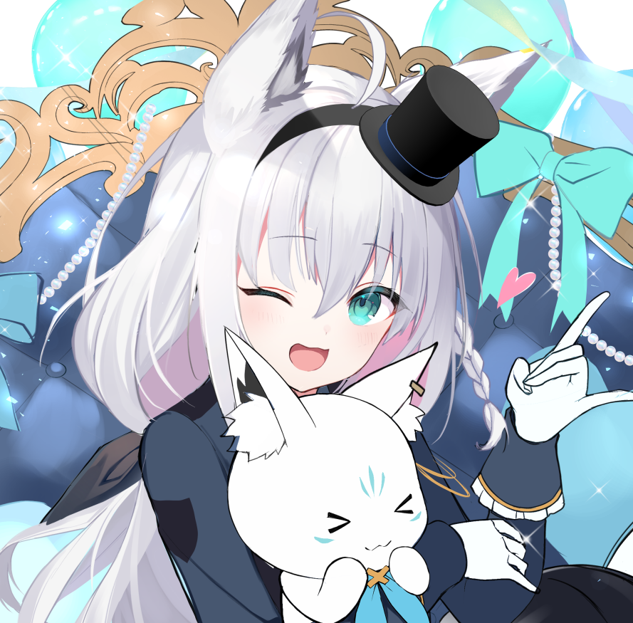 shirakami fubuki 1girl one eye closed animal ears mini hat hat fox ears white hair  illustration images