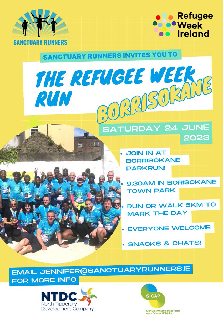 SANCTUARY RUNNERS - REFUGEE WEEK RUN.
Would you like to get your runners on and participate in the upcoming run/walk? Join the solidarity event, Borrisokane Park Run, happening on Saturday 24th June at 9.30am.

#sanctuaryrunners #NTDC #SICAP #RefugeeWeek