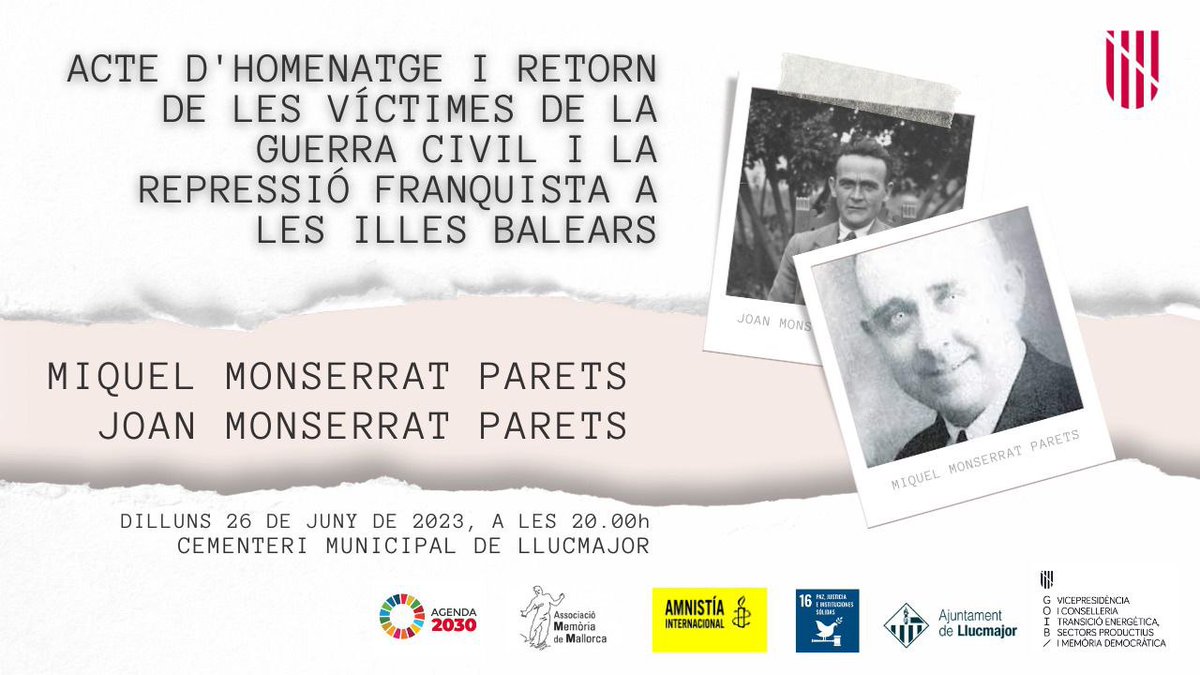 Dilluns 26 a les 20:00 a Llucmajor feim un homenatge als germans Monserrat Parets, retrobats fa poc entre les víctimes assassinades pels franquistes a Son Coletes

Persones com ells, que perderen la vida per defensar la legalitat republicana, són els nostres referents democràtics