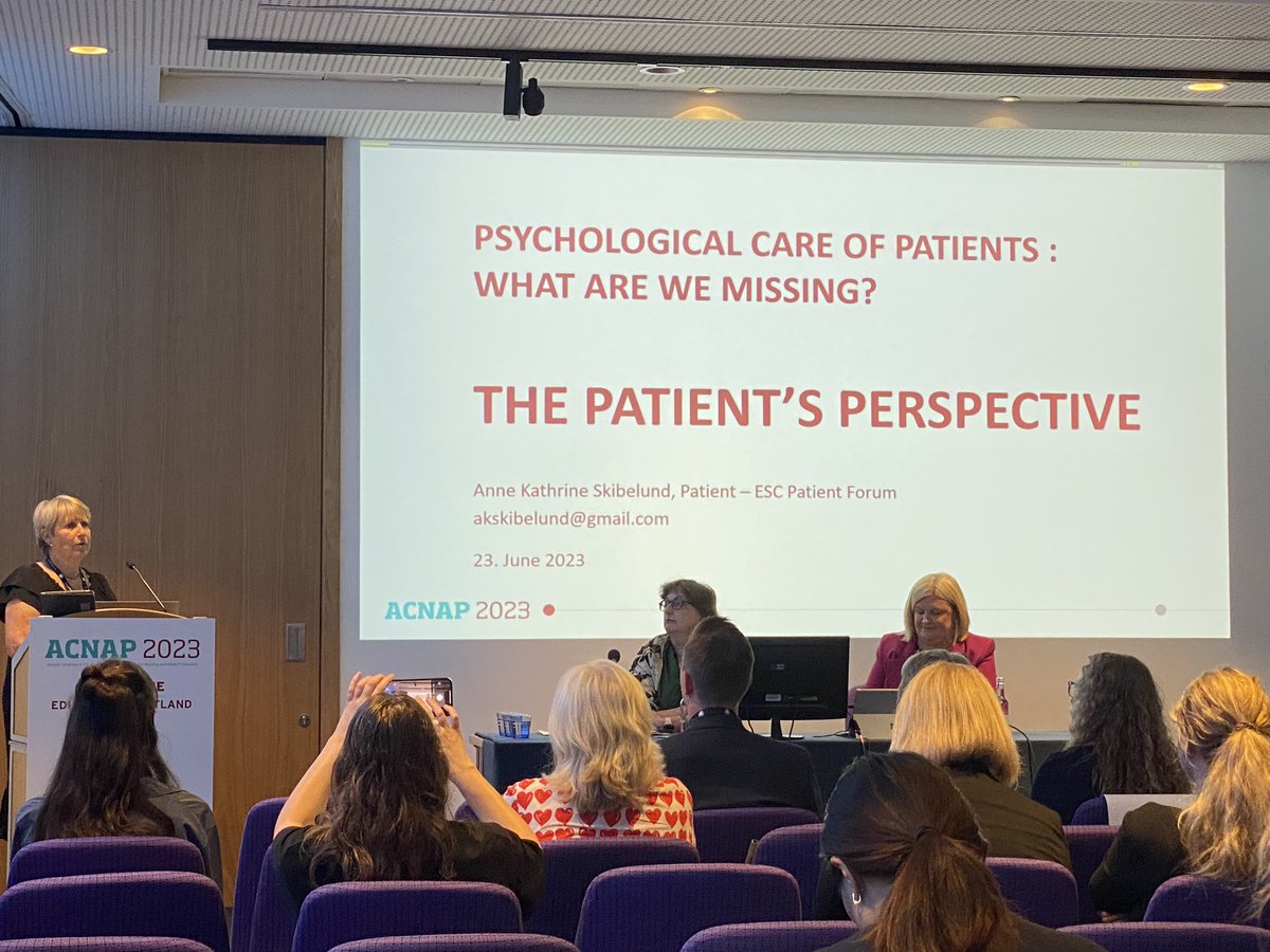 Anne Kathrine Skibelund #escpatientforum providing an excellent and very interesting patient perspective on the importance of psychological care of patients #ACNAP2023 #patientstory #empathy #powerful @escardio
