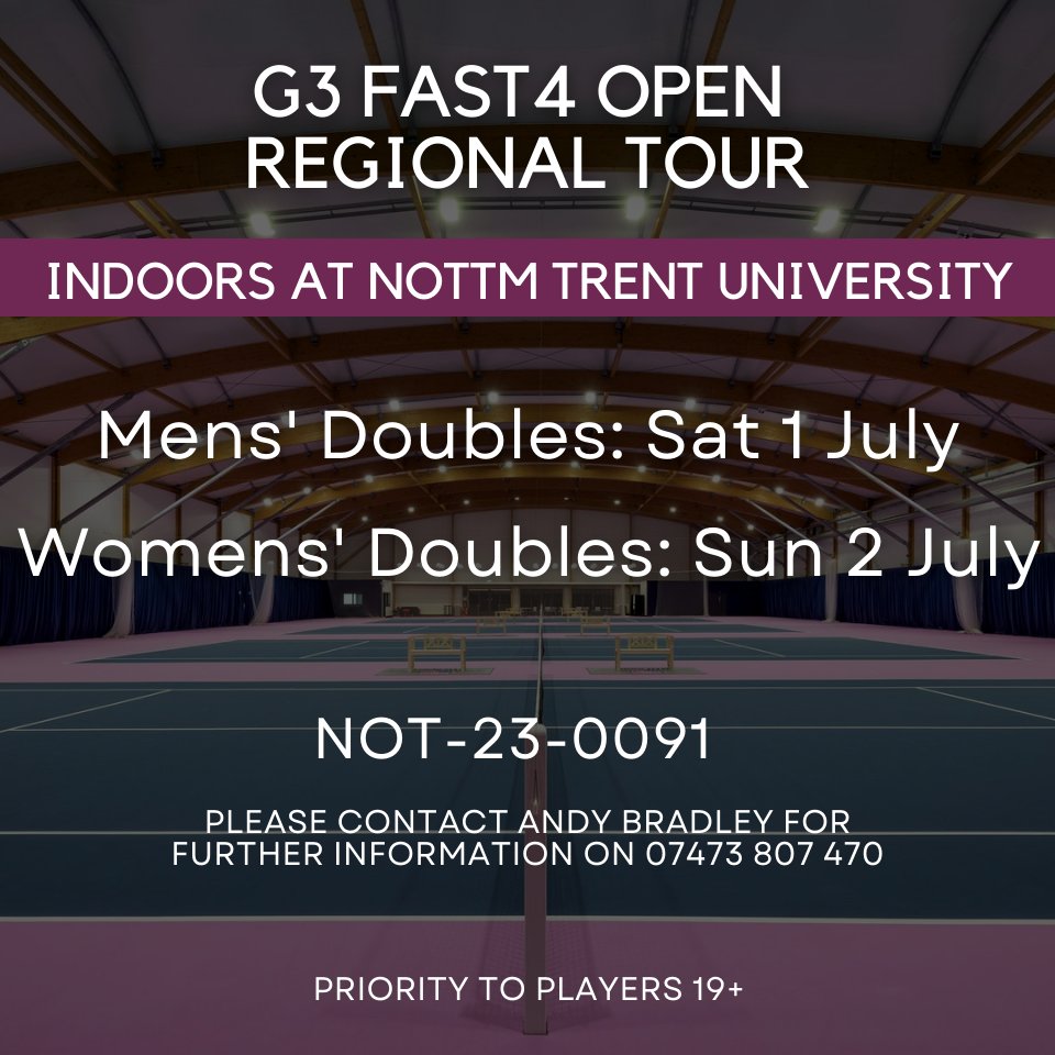 It's not too late to enter the G3 Fast4 Open event at Nottm Trent University!

Mens' Doubles: Sat 1st July
Womens' Doubles: Sun 2nd July

Contact Andy Bradley on 07473 807 470.

competitions.lta.org.uk/tournament/9a3…

<a href="/NTU_Tennis/">NTU Tennis</a> <a href="/UoNSport/">University of Nottingham Sport</a> <a href="/TennisLeics/">TennisLeicestershire</a> <a href="/TennisDerbs/">Tennis Derbyshire</a> <a href="/ltalincs/">Lincolnshire Tennis</a> <a href="/WarksTennis/">Warwickshire Tennis</a>