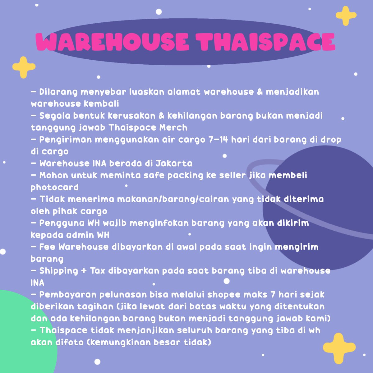 thaispace_merch's tweet photo. WAREHOUSE BY THAISPACE MERCH

- #TSProof for Proof Order
- #TS_Arrived for Arrived INA
- #TSInfo for Information
- #TSWH for Warehouse Information

Accept personal order &amp; Transfer baht!
More testimonials on our Instagram
Warehouse T&amp;C: https://t.co/Oyh1Q9uARI