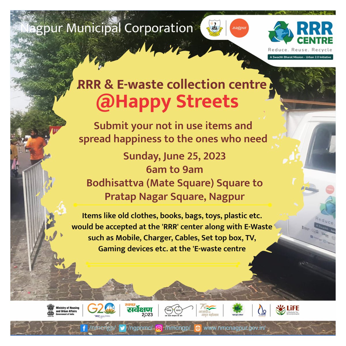 #RRR & #Ewaste collection centre at #Happy_StreetsSubmit your not in use items and spread happiness to the ones who need.

#reuse #Recycle #reduce #MeriLiFE #RRR4LiFE #ChooseLiFE #IndiaVsGarbage #MeraSwachhShehar #nmc #nagpur #nagpurcity #माझीवसुंधरा