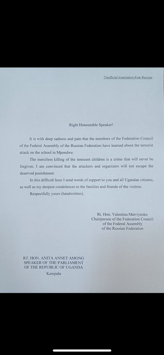 We are deeply touched by the Federation Council of the Federal Russian Assembly of the Russian Federation that is headed by the Rt Hon Valentina Matviyenko, for standing with us at such a time of immense sorrow, following the loss of our young innocent children in the hands of…