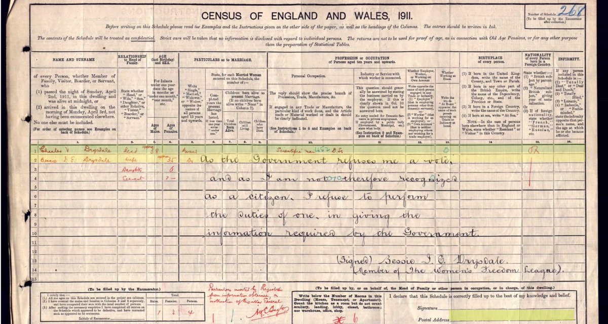 This amazing historical document (the 1911 census) shows one of the ways Bessie Drysdale’s protested for the write to vote through a written form! This and so much more is available on the virtual museum website so please feel free to check it out! hgsheritage.org.uk/Detail/collect…