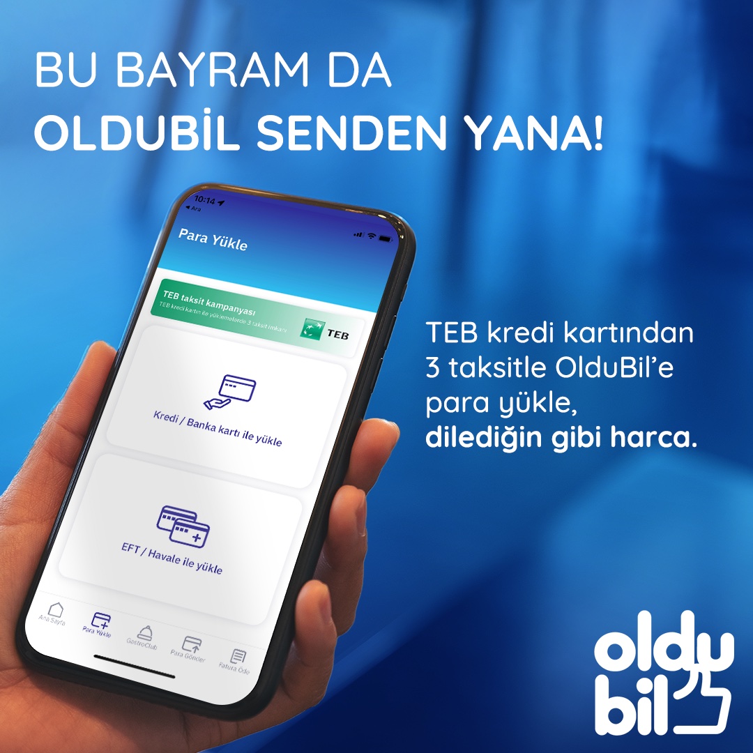 Bayram harcamalarına faizsiz çözüm OlduBil’den! 💙

TEB kredi kartınla OlduBil’e faizsiz 3 taksitle para yükleyebilir, fırsatların tadını çıkarabilirsin.

Şimdi uygulamayı indir, OlduBil Mastercard siparişini ver, OlduBil’in fırsatlarını yakala.

#OlduBil #KurbanBayramı #TEB