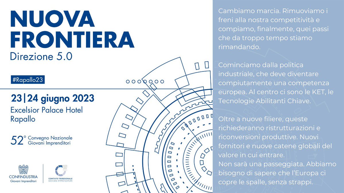 Il sogno europeo è anche il sogno della libera industria europea.  L’era del “si è sempre fatto così” è finita. All’Europa serve un nuovo corso, cambiare mentalità, passare da follower a leader, diventare first mover nei settori cardine dell’innovazione - #Rapallo23 <a href="/RiDiStefano/">Riccardo Di Stefano</a>
