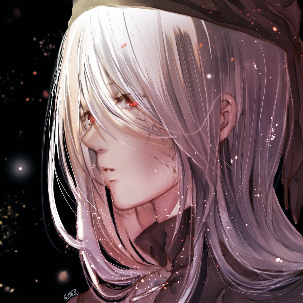 red eyes solo long hair 1girl white hair hair between eyes black background  illustration images