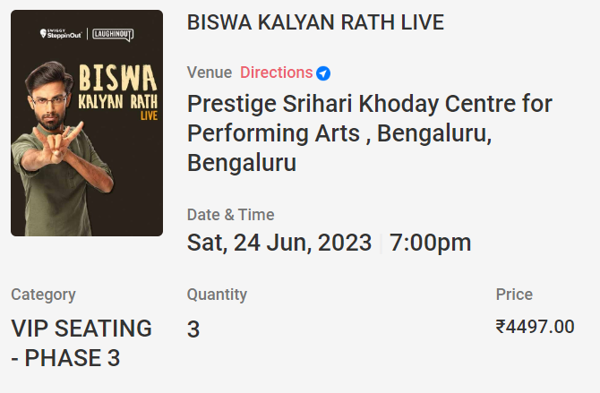 AjmireAnagh's tweet photo. Selling 3 tickets #Biswa Kalyan's show happening in #Bangalore on 24th June (Saturday) 
VIP Seating - Phase 3. Selling them at cost price of INR 4497/-. Pls message me if interested

#ticketsforsale #biswakalyan #standupcomedy https://t.co/H1iWLfapth