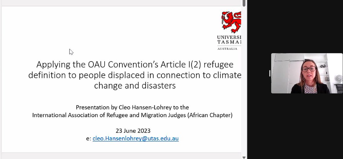 tamarajanewood's tweet photo. @cleohanlo from @UTASLaw presenting her fantastic work on the application of the OAU Convention’s ‘events seriously disturbing public order’ in the #climatechange context to the International Association of Refugee and Migration Judges #IARMJ https://t.co/ZH4IZwCz7e