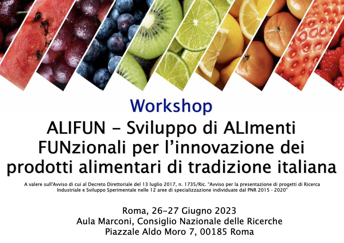 📌26-27 giugno, sede centrale #Cnr Roma 
Sviluppo di alimenti funzionali per l'innovazione dei prodotti alimentari di tradizione italiana: primo workshop del progetto #ALIFUN
👉cnr.it/it/evento/18630 

<a href="/DiSBAcnr/">DiSBA-CNR</a> <a href="/mur_gov_/">Ministero dell'Università e della Ricerca</a>