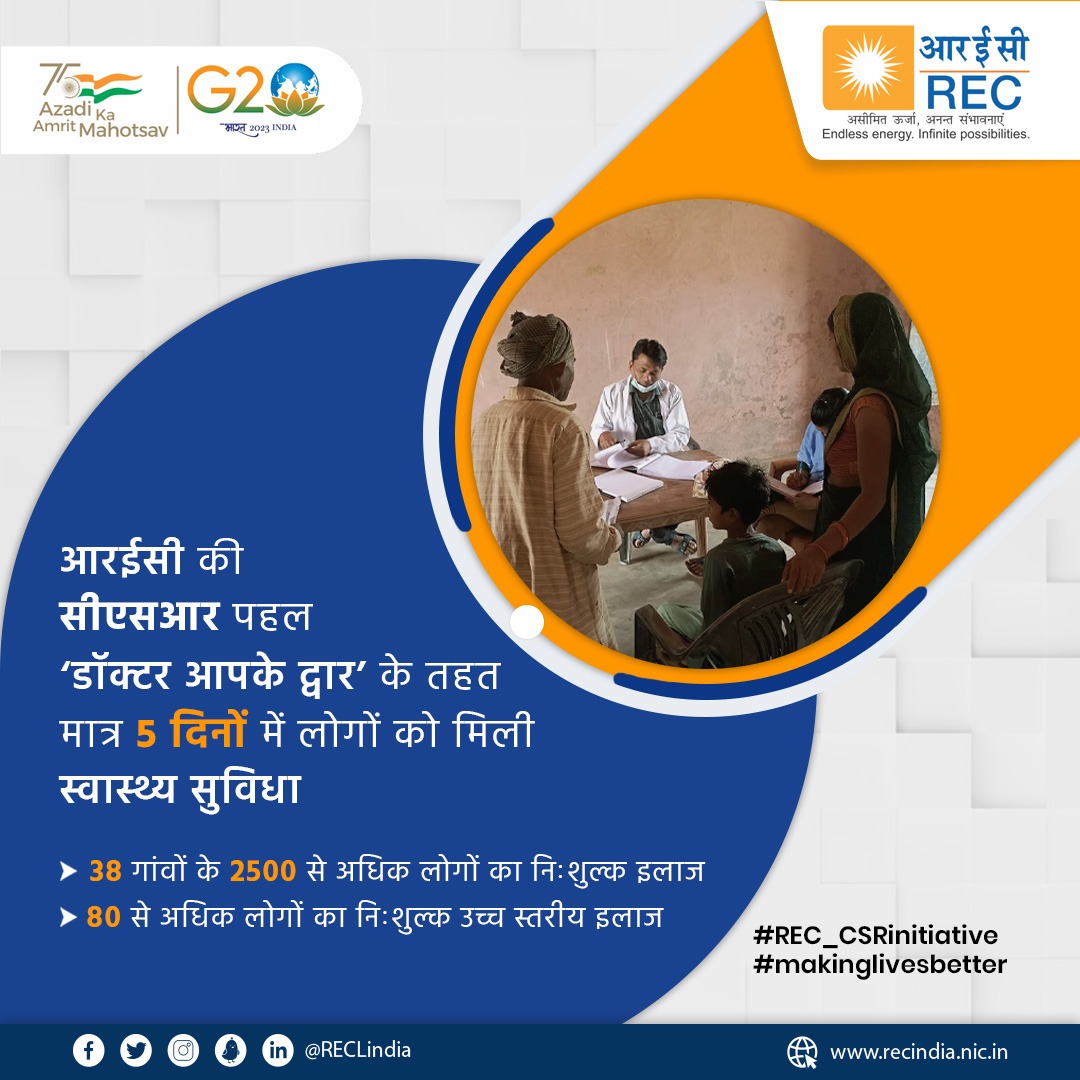 RECLindia's tweet photo. आरईसी के सीएसआर सहयोग से बिहार के भोजपुर जिले में ‘डॉक्टर आपके द्वार’ पहल के तहत मात्र पांच दिनों में 2500 से अधिक लोगों का निःशुल्क इलाज किया गया।
#DoctorApkeDwar #MedicalFacilities #HealthSupport #Makingabetterworld #REC #RECLindia #RECFoundation
@MinOfPower l @RajKSinghIndia l @KPGBJP l @VivekKumarDewa5 l @vksingh_65 l @_Rahuld l @SANJAYKUL31 l @narayanantbjp l @tscbosh l @OfficialRECF l @AmritMahotsav