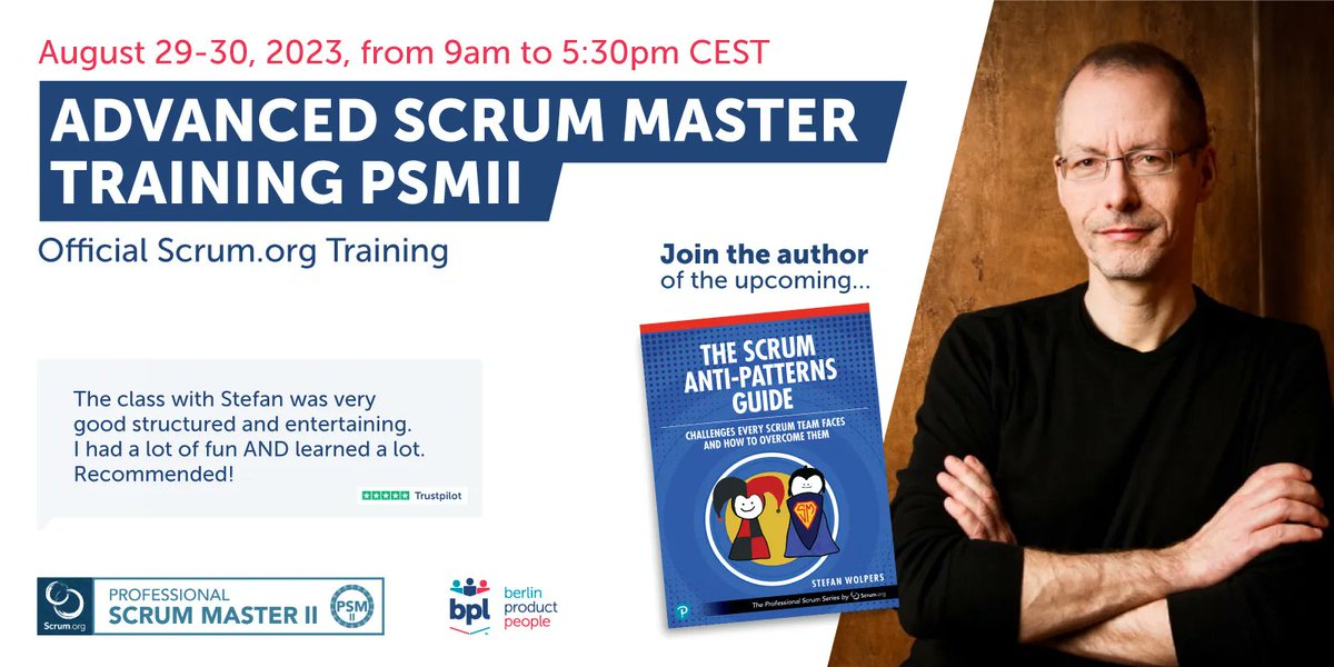 StefanW's tweet photo. Moin!

🖥 🇬🇧 “Very hands-on class with lots of concrete takeaways to help in real world scenarios. Stefan Wolpers is an excellent trainer […]”

Aug 29-30, 2023:

"Advanced Professional #ScrumMaster Online Training w/ #PSMII Certificate" https://t.co/uocF4wLGAU @scrumdotorg https://t.co/NfarLDNgmh
