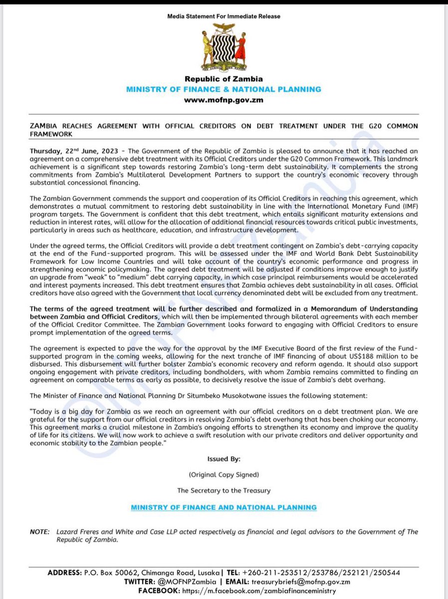 So happy to learn about this important agreement! I am confident this will pave way for continued development and prosperity for the people of #Zambia 💪🏼🙌🏼 

🇸🇪 looks forward to continue to be a close partner to 🇿🇲 - to government as well as to civil society 🤝 

#SweZam 🇸🇪🇿🇲